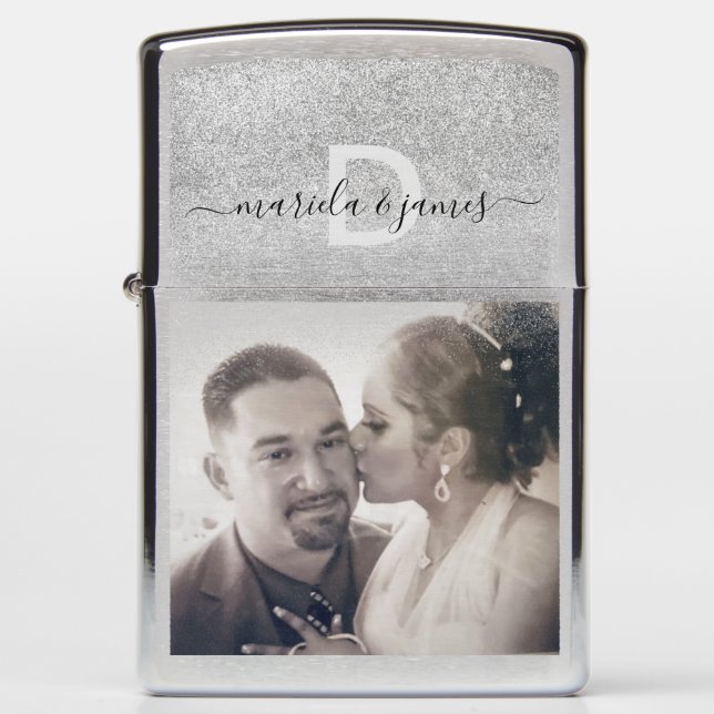 Glitter Gradient Silver Script Couples Photo Zippo Lighter (Front)