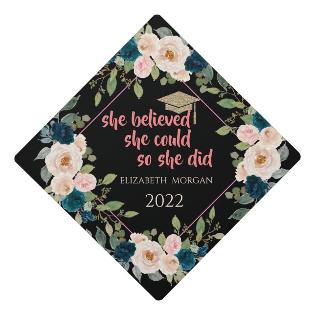 Glitter Graduate Cap,Blue Roses Graduation Cap Topper (Front)