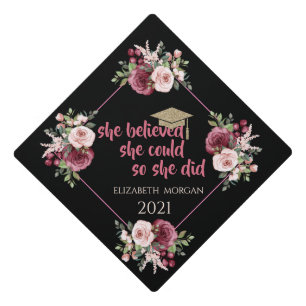 Glitter Graduate Cap,Burgundy Flowers Graduation Cap Topper