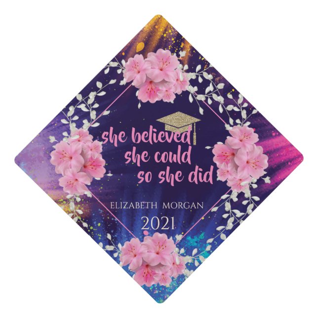 Glitter Graduate Cap,Floral,Colorful Graduation Cap Topper (Front)