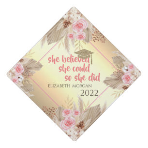 Glitter Graduate Cap,Pampas Grass Roses Gold Graduation Cap Topper