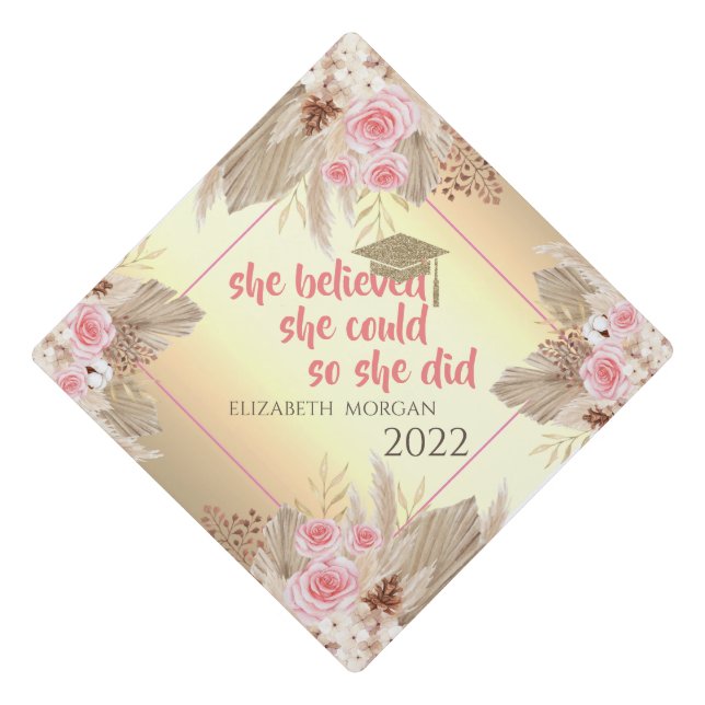 Glitter Graduate Cap,Pampas Grass Roses Gold Graduation Cap Topper (Front)