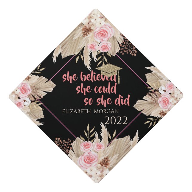 Glitter Graduate Cap,Pampas Grass Roses Graduation Cap Topper (Front)