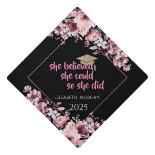 Glitter Graduate Cap,Pink Flowers Graduation Cap Topper