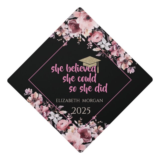 Glitter Graduate Cap,Pink Flowers Graduation Cap Topper (Front)