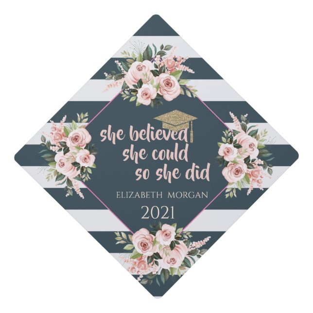 Glitter Graduate Cap, Roses Floral Striped Graduation Cap Topper (Front)