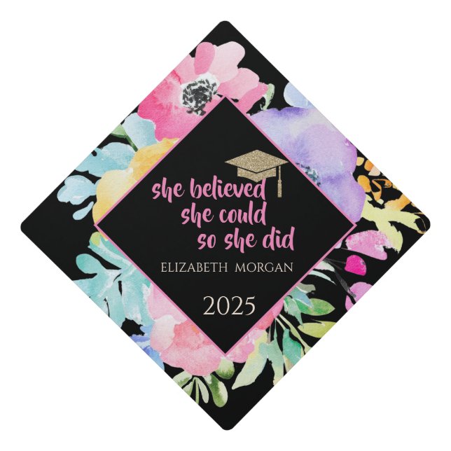 Glitter Graduate Cap,Spring Flowers Graduation Cap Topper (Front)