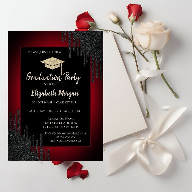Glitter Graduation Cap,Black Drips Dark Red  Invitation (Creator Uploaded)