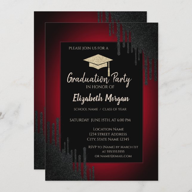 Glitter Graduation Cap,Black Drips Dark Red  Invitation (Front/Back)