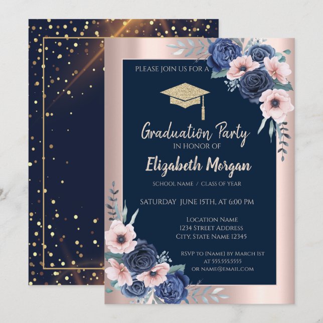 Glitter Graduation Cap,Blue Roses,Navy Blue Invitation (Front/Back)