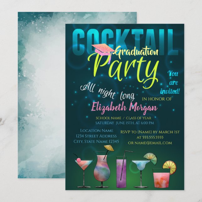 Glitter Graduation Cap, Cocktail Graduation Invitation (Front/Back)