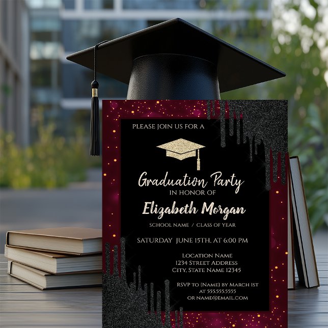 Glitter Graduation Cap,Confetti Black Drips Red  Invitation (Creator Uploaded)