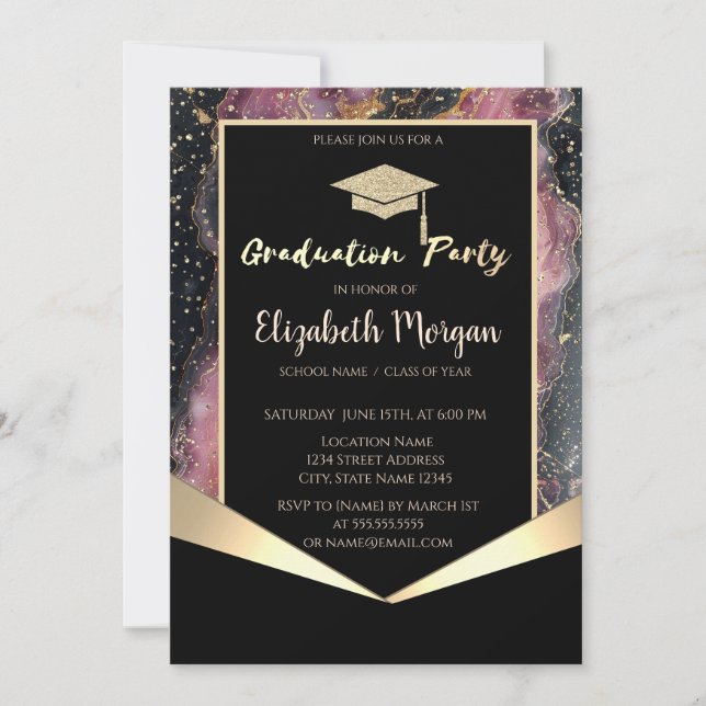 Glitter Graduation Cap,Confetti Burgundy Marble  Invitation (Front)