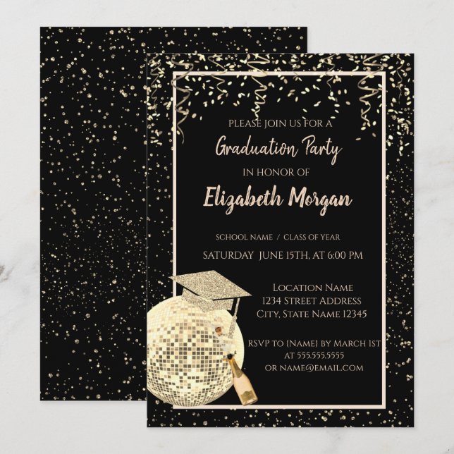 Glitter Graduation Cap,Disco Ball Confetti, Wine Invitation (Front/Back)