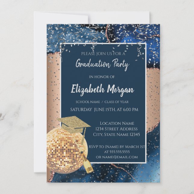 Glitter Graduation Cap,Disco Ball Marble Agate Invitation (Front)