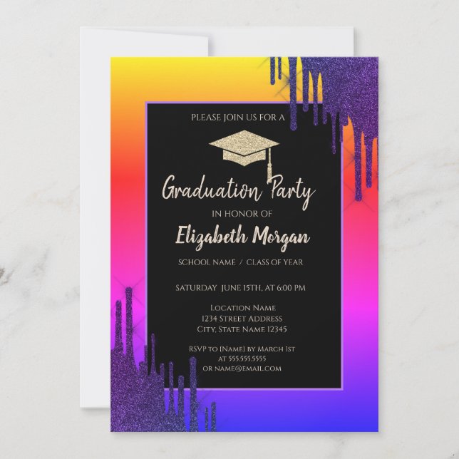 Glitter Graduation Cap,Glitter Drips Colorful Invitation (Front)