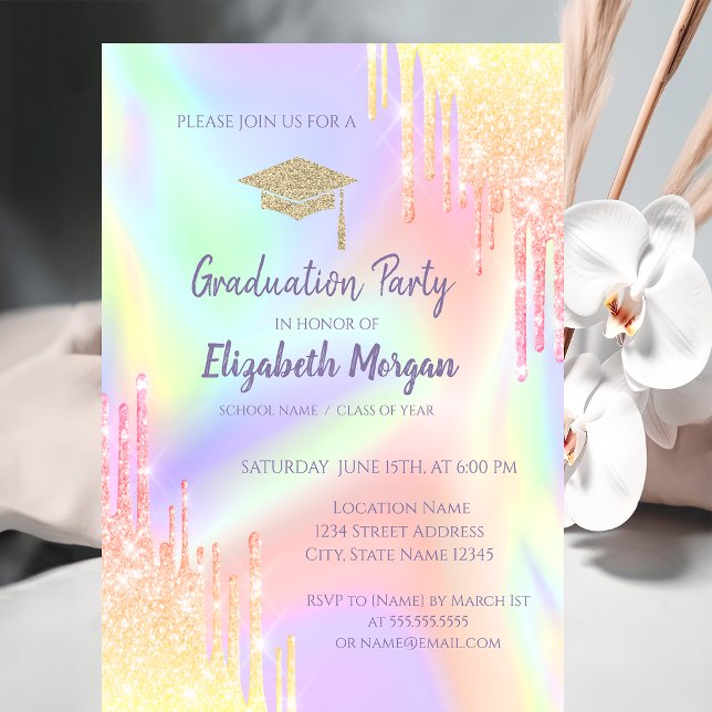 Glitter Graduation Cap,Ombre Drips Holographic Invitation (Creator Uploaded)