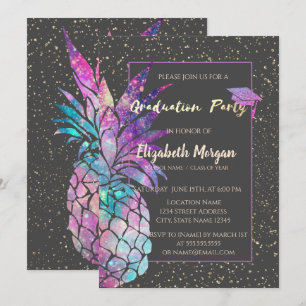 Glitter Graduation Cap, Pineapple, Confetti Invitation