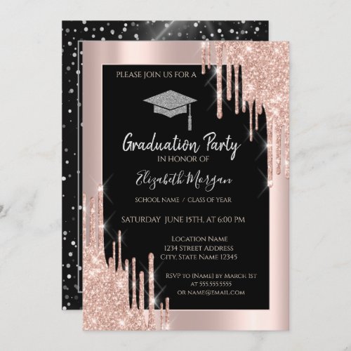Glitter Graduation CapRose Gold DripsBlack Invitation