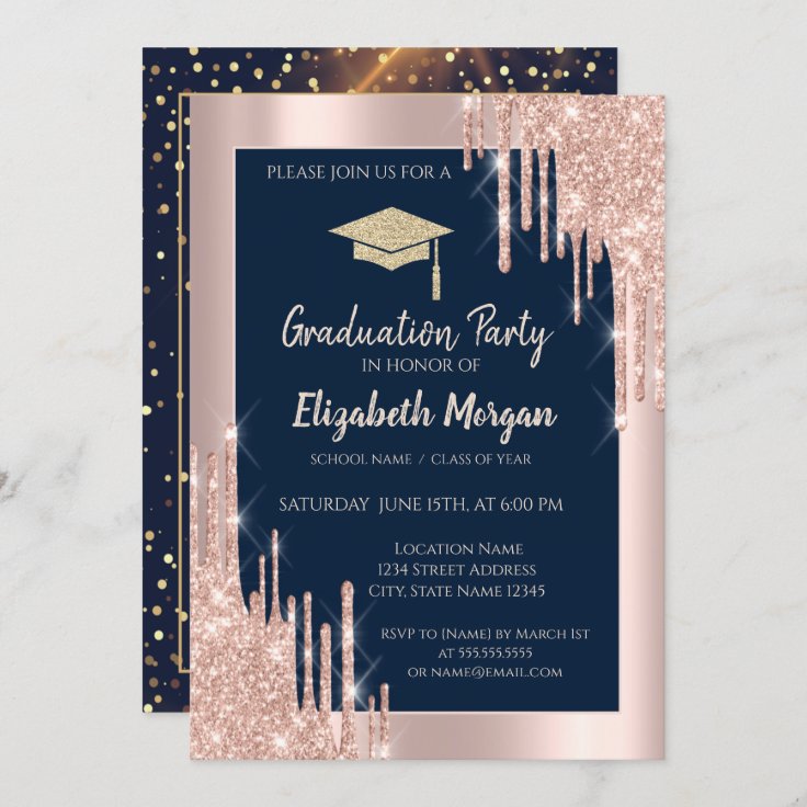 Glitter Graduation Cap,Rose Gold Drips,Navy Blue Invitation | Zazzle