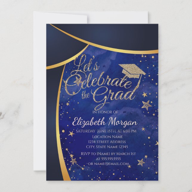 Glitter Graduation Cap,Stars Blue Graduation Invitation (Front)