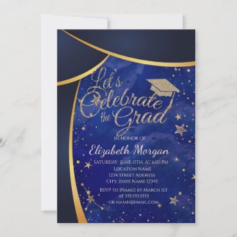 Glitter Graduation Cap,Stars Blue Graduation Invitation | Zazzle