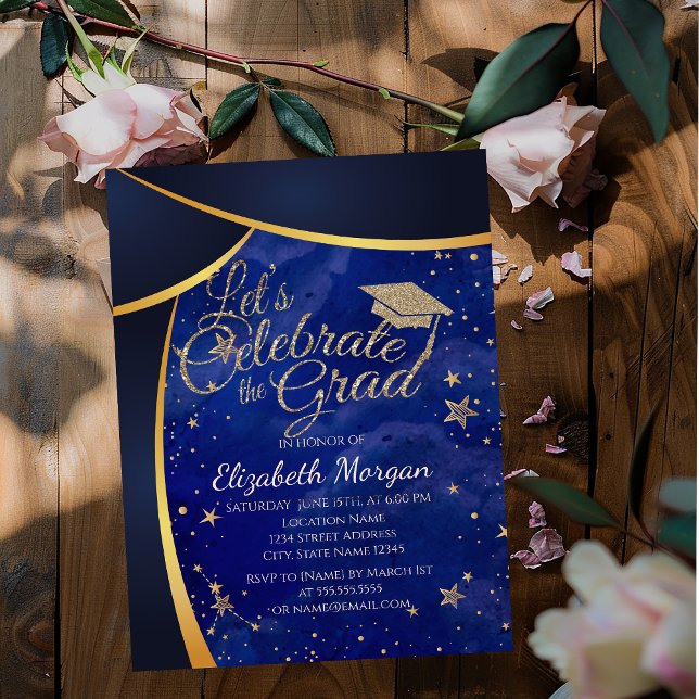 Glitter Graduation Cap,Stars Blue Graduation Invitation (Creator Uploaded)