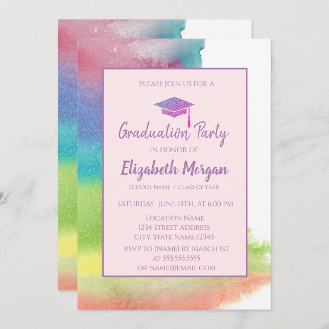 Glitter Graduation Cap,Watercolor Splash Invitation (Front/Back)