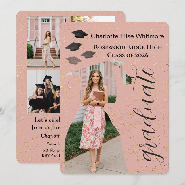 Glitter Graduation Invitation Card with Photos  (Front/Back)