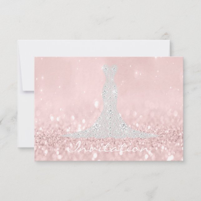 Glitter Gray Pink Diamond Crystals Bridal Dress Invitation (Front)