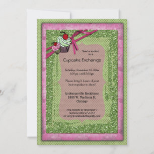 Glitter Green And Pink Cupcake Exchange Invitation