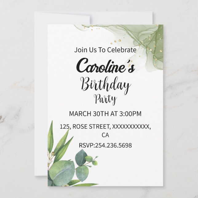 Glitter green & gray shape flowers birthday invitation (Front)