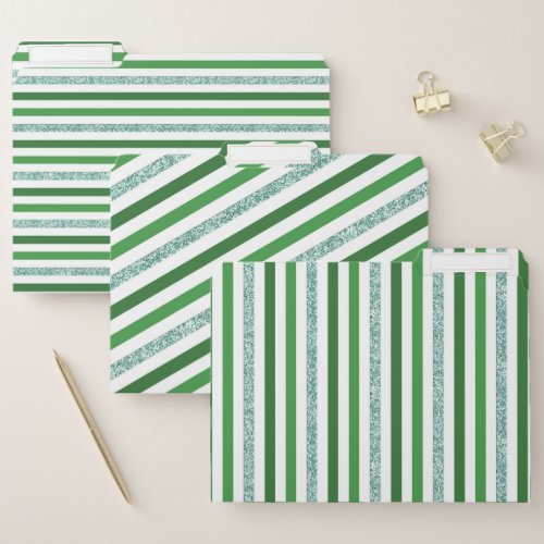 Glitter Green White Striped Pattern File Folder