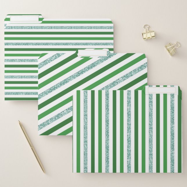 Glitter Green White Striped Pattern File Folder (Set)