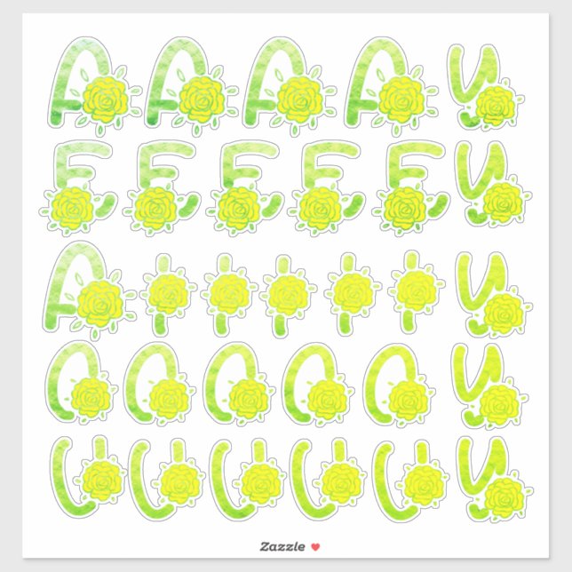 Glitter Green Yellow Floral Monogram Vowels Sticker (Sheet)