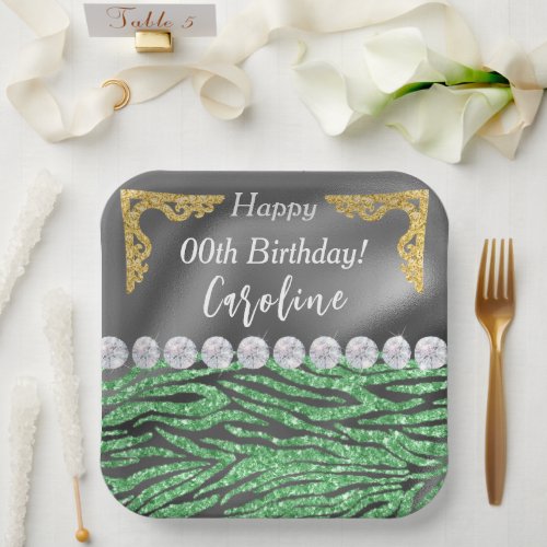 Glitter Green Zebra Print Glitter Birthday Paper Plates