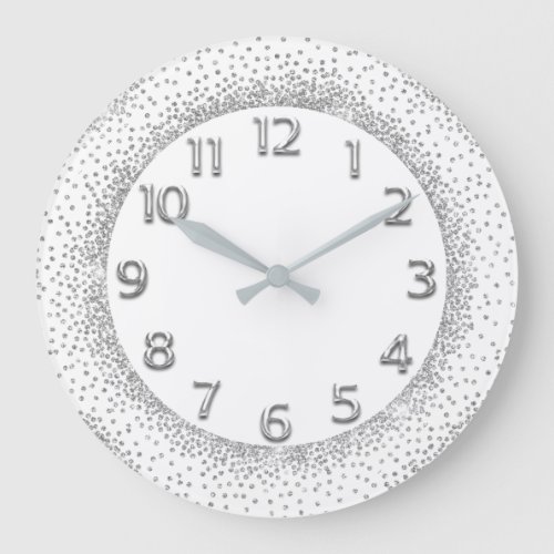 Glitter Grey Numbers White Delicate Gray Silver Large Clock