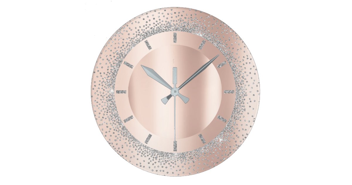 Glitter Grey Rose Gold Metal Blush Crystals Large Clock Zazzle Com