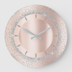 Glitter Grey Rose Gold Metal Blush Crystals Large Clock