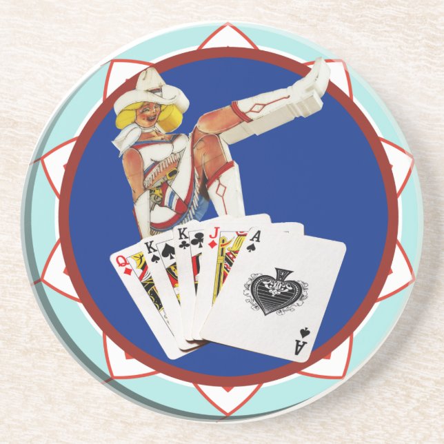 Glitter Gultch Sally Poker Chip Sandstone Coaster (Front)