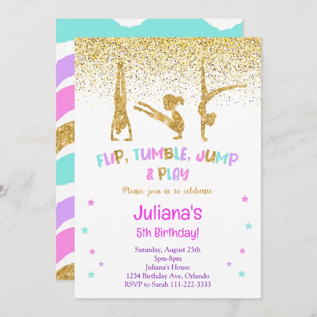 Glitter Gymnastic Birthday Invitation (Front/Back)