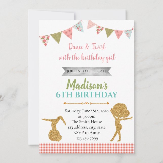 Glitter Gymnastic birthday party invitation (Front)