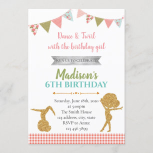 Glitter Gymnastic birthday party invitation