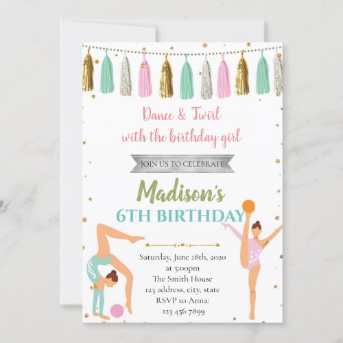 Glitter gymnastic dance birthday party invitation