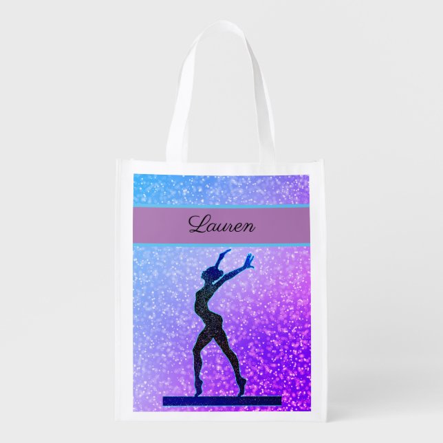 Glitter Gymnastics Beam Blue and Purple Grocery Bag (Front)