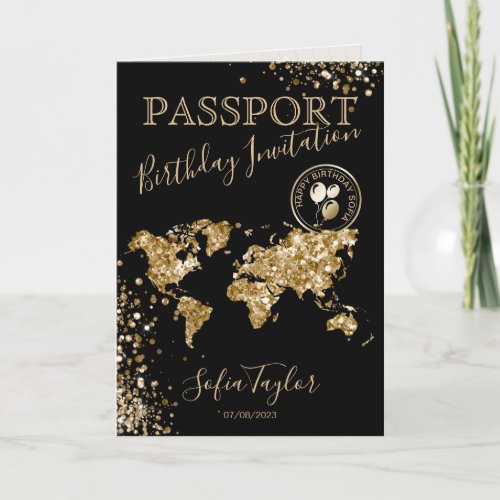 Glitter Happy Birthday Passport Map Any Age Invitation