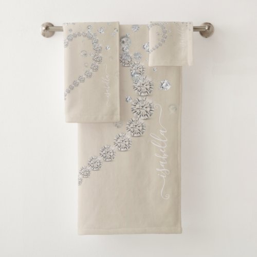 Glitter Heart And Diamonds On Smooth Blush Bath Towel Set