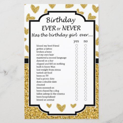 Glitter heart Birthday ever or never game