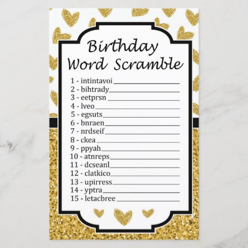 Glitter heart Birthday Word Scramble Game