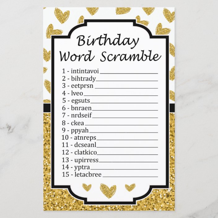 Glitter heart Birthday Word Scramble Game